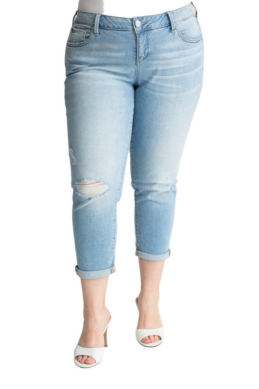 Denim Mid Rise Boyfriend with destruction rolled in 25.5" inseam - Thea