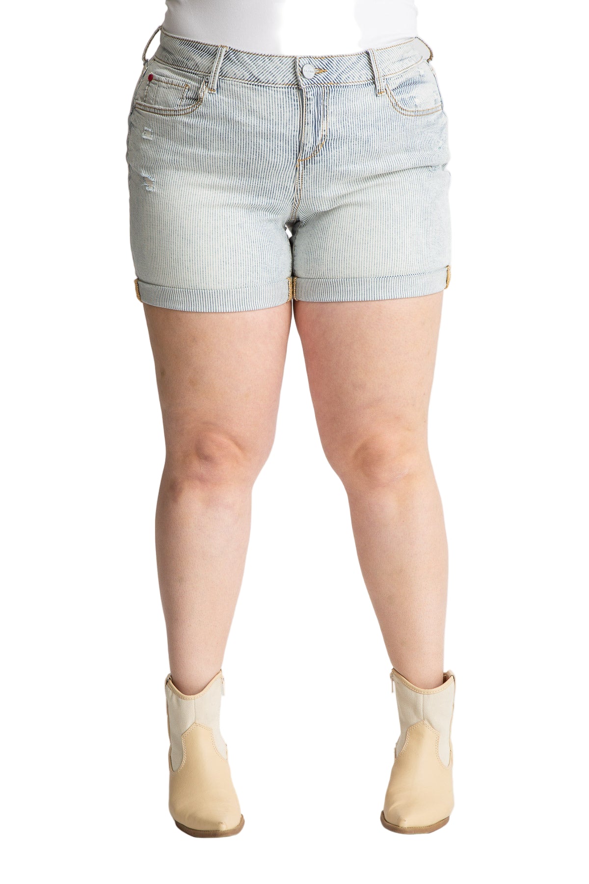 Denim Mid Rise Shorts rolled in 5.5" inseam- Denim Stripes - SLINK JEANS