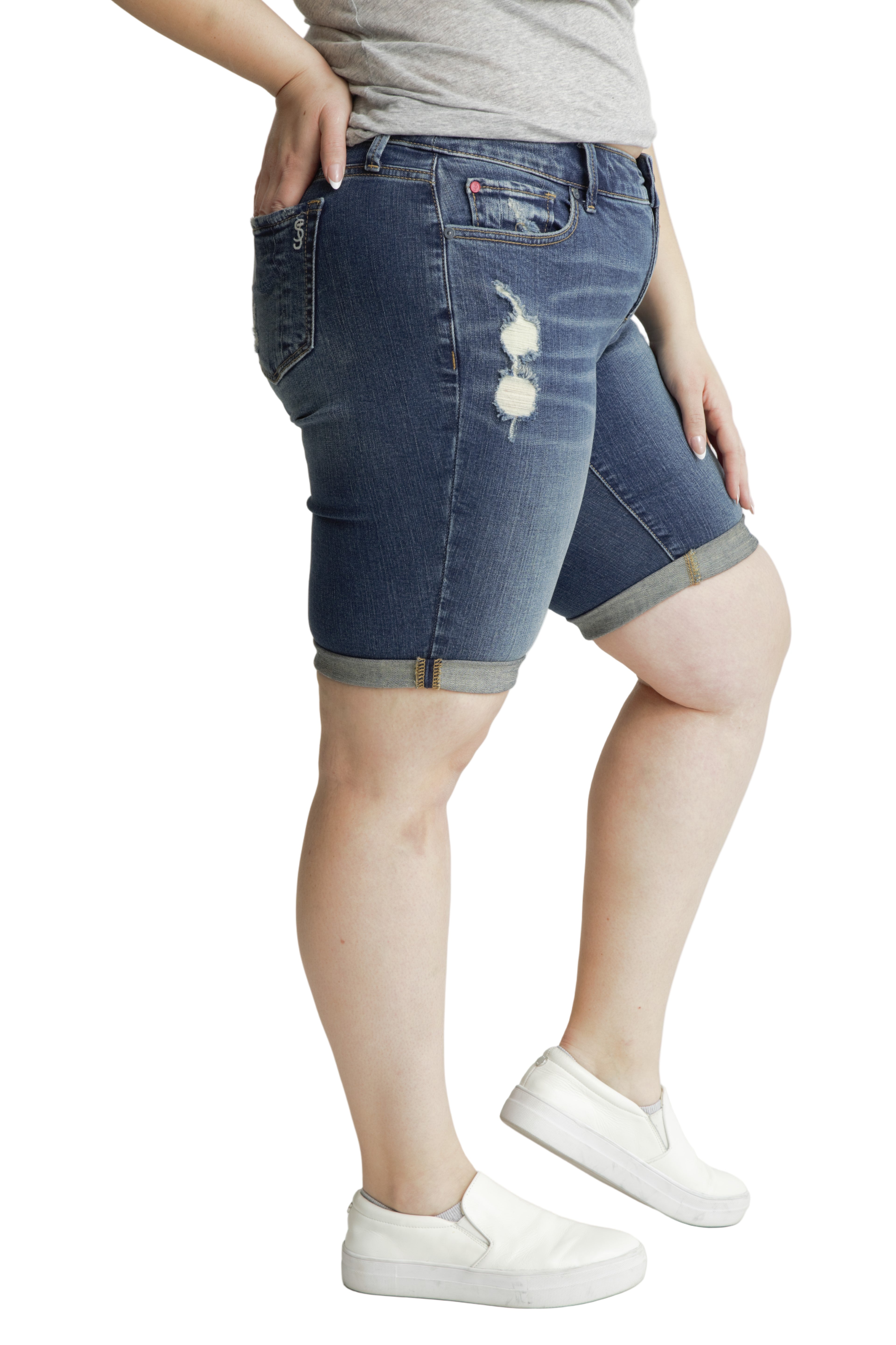 Denim Mid Rise Bermuda shorts rolled in 11.5" inseam - Teresa - SLINK JEANS