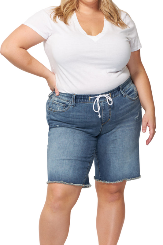 Denim Mid Rise Bermuda shorts Frayed Hem with Drawstring in 11" inseam - Hazel - SLINK JEANS