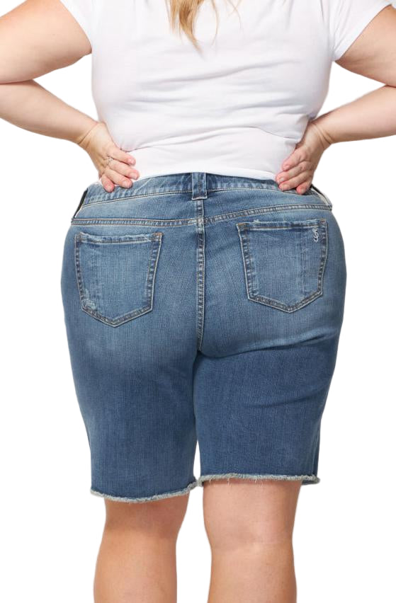 Denim Mid Rise Bermuda shorts Frayed Hem with Drawstring in 11" inseam - Hazel - SLINK JEANS