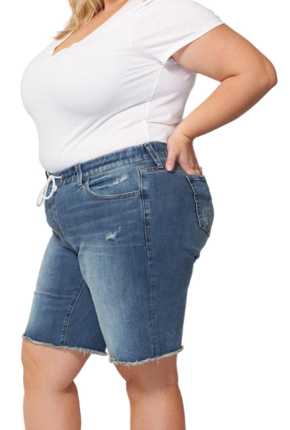 Denim Mid Rise Bermuda shorts Frayed Hem with Drawstring in 11" inseam - Hazel - SLINK JEANS