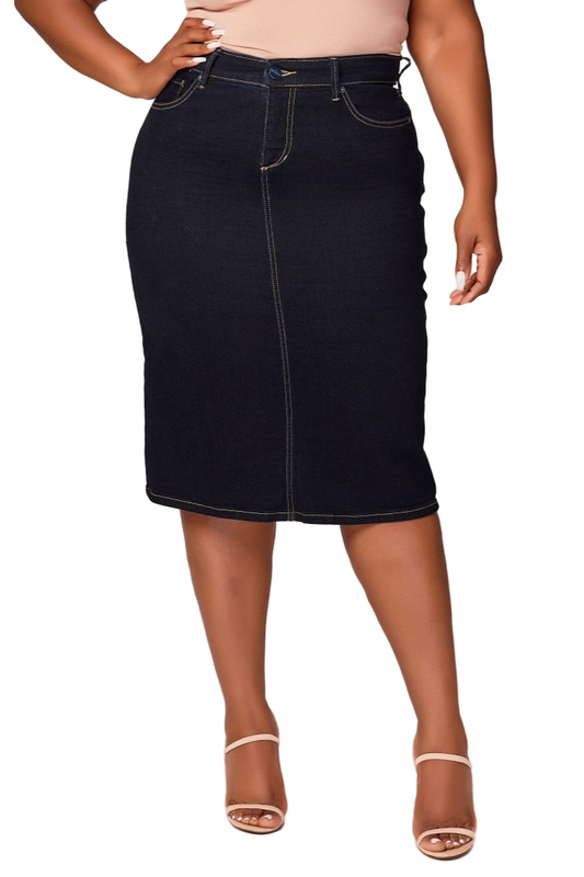 Denim Midi Skirt in 28"length with side vents - Abigail