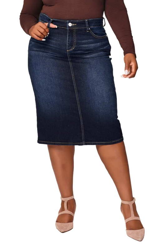 Denim Midi Skirt in 28"length with side vents - Emma
