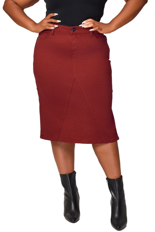 Color Midi Skirt in 28"length with side vents - Burgundy
