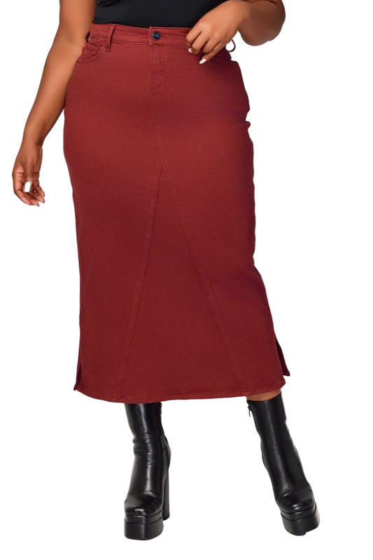 Color Maxi Skirt in 37"length with side vents - Burgundy