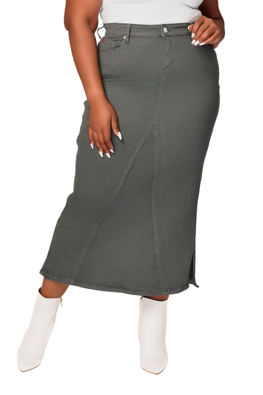 Color Maxi Skirt in 37"length with side vents - Dark Olive