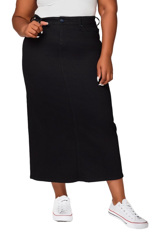 Black Denim Maxi Skirt in 37"length with side vents - Black