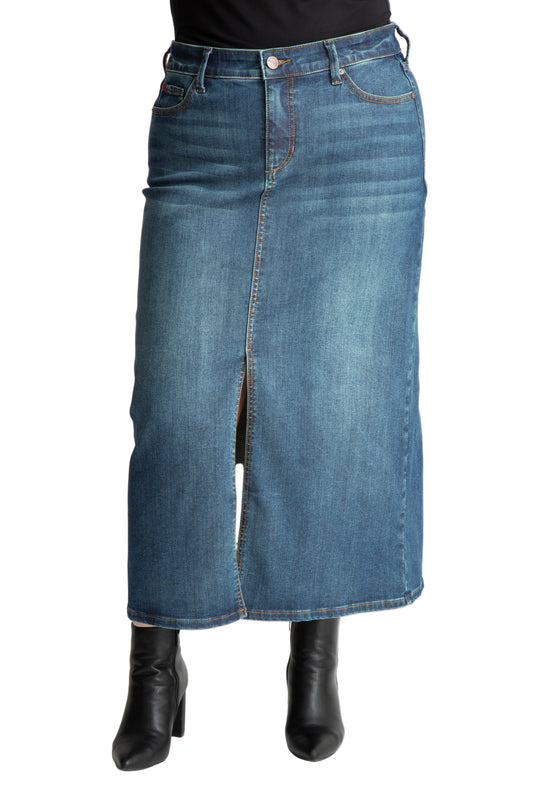 Denim Maxi Skirt in 37"length with front slit -  Brielle