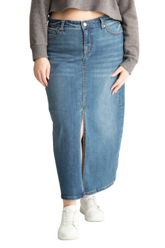 Denim Maxi Skirt in 37"length with front slit - Gemma
