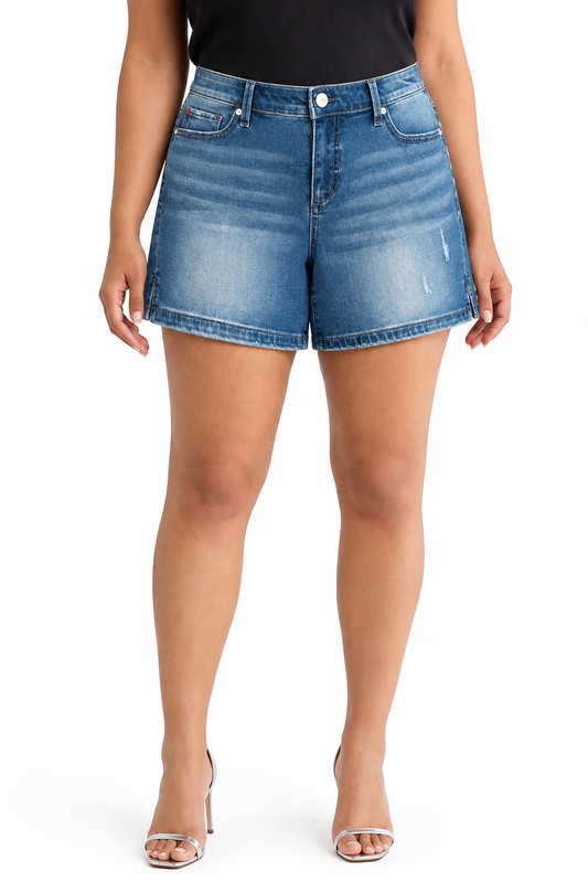 Denim Mid Rise Shorts with side vents - Linnea
