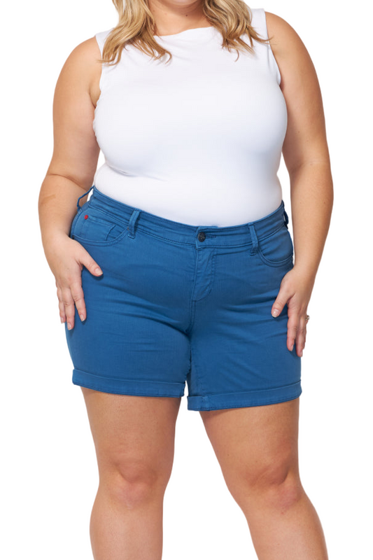 Color Mid Rise Shorts with rolled hem in 5.5" inseam - Azure - SLINK JEANS