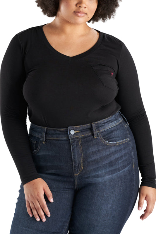 V Neck Long Sleeve T-shirt - Black - SLINK JEANS