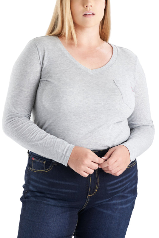 V Neck Long Sleeve T-shirt - Heather Grey - SLINK JEANS