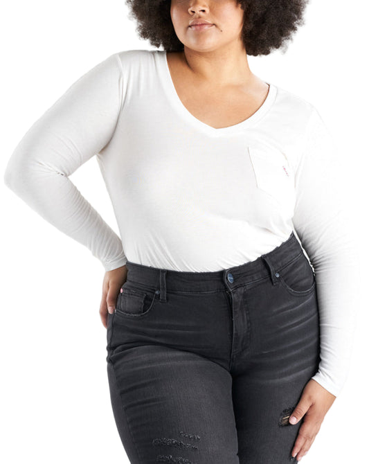 V Neck Long Sleeve T-shirt - White - SLINK JEANS