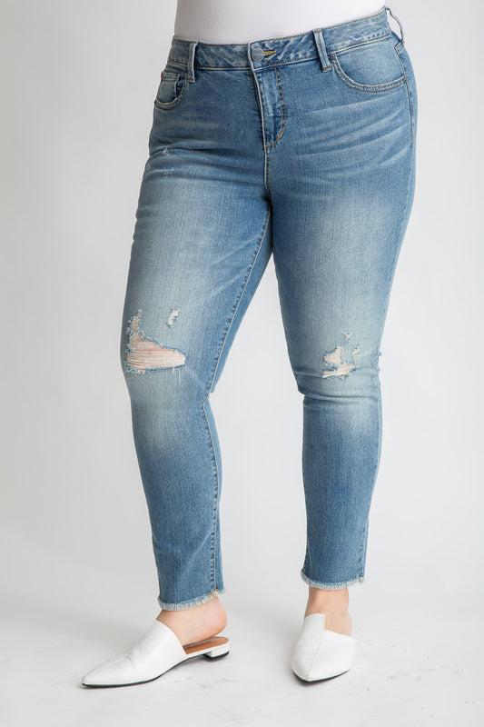 Denim mid rise Ankle Skinny with Frayed Hem in 28" inseam - Claire