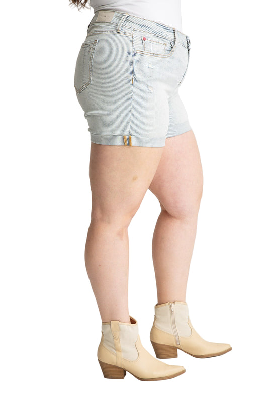 Denim Mid Rise Shorts rolled in 5.5" inseam- Denim Stripes - SLINK JEANS