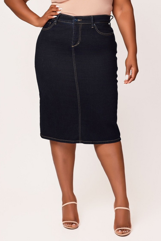 Denim Midi Skirt in 28"length with side vents -  Abigail