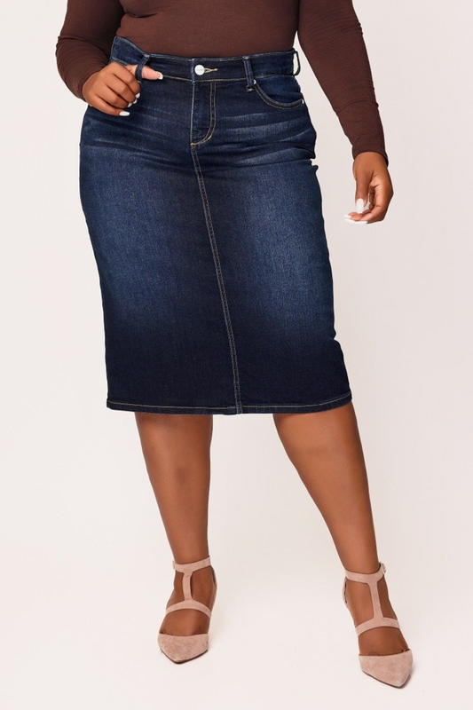 Denim Midi Skirt in 28"length with side vents -  Emma