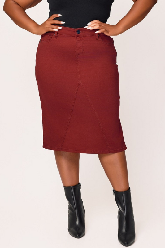 Color Midi Skirt in 28"length with side vents -  Burgundy