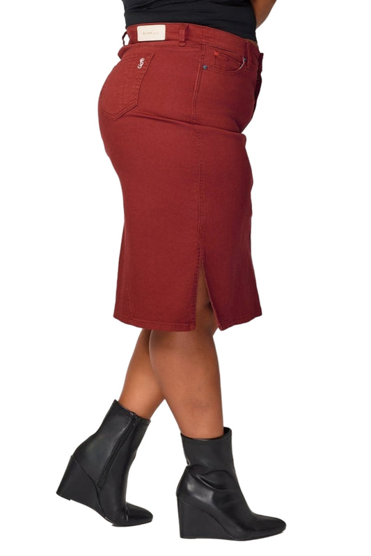Color Midi Skirt in 28"length with side vents -  Burgundy