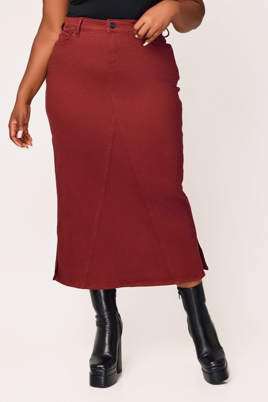 Color Maxi Skirt in 37"length with side vents -  Burgundy