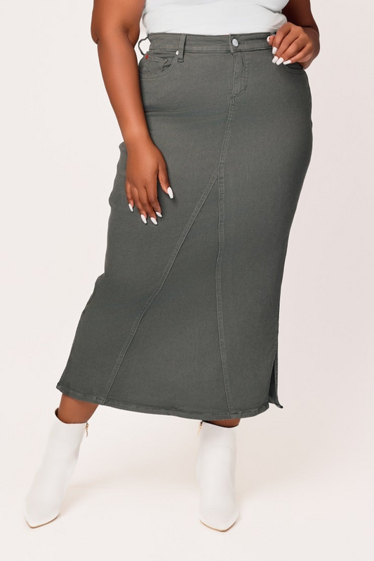 Color Maxi Skirt in 37"length with side vents -  Dark Olive