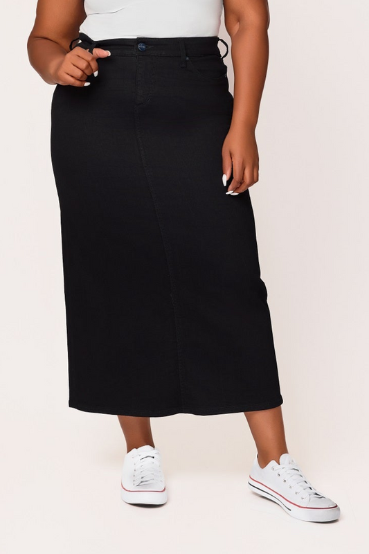 Black Denim Maxi Skirt in 37"length with side vents -  Black