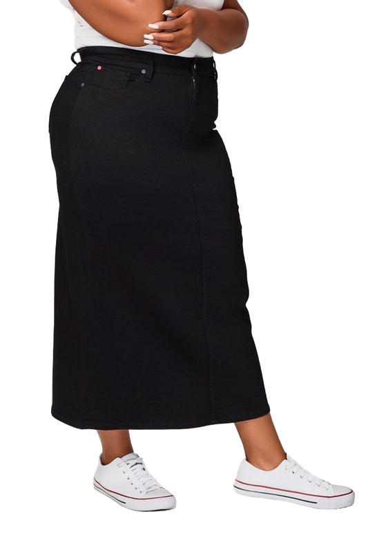 Black Denim Maxi Skirt in 37"length with side vents -  Black