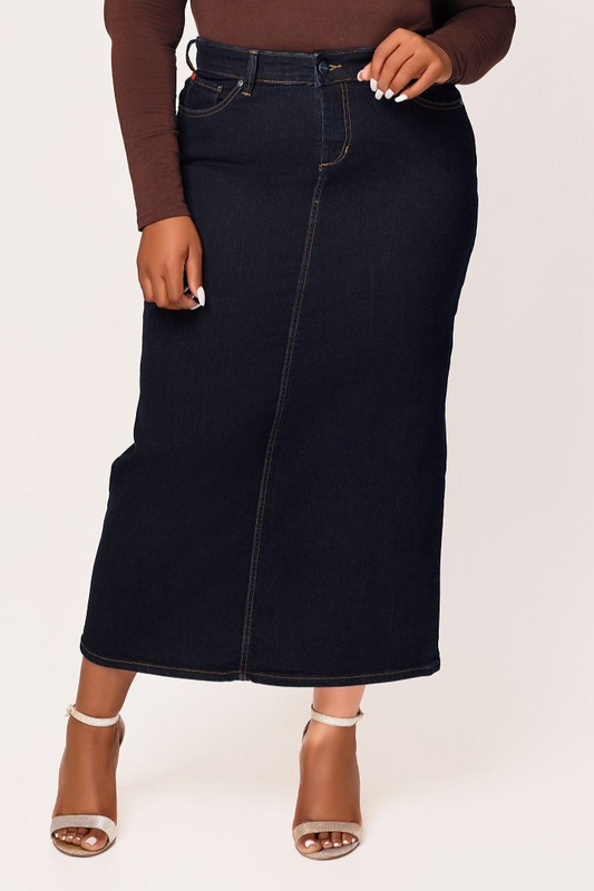 Denim Maxi Skirt in 37"length with side vents -  Ava