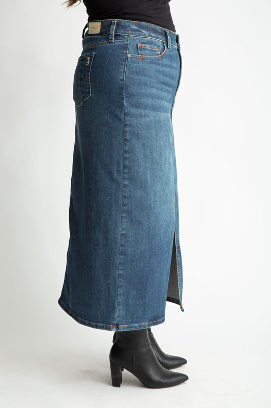 Denim Maxi Skirt in 37"length with front slit -  Brielle