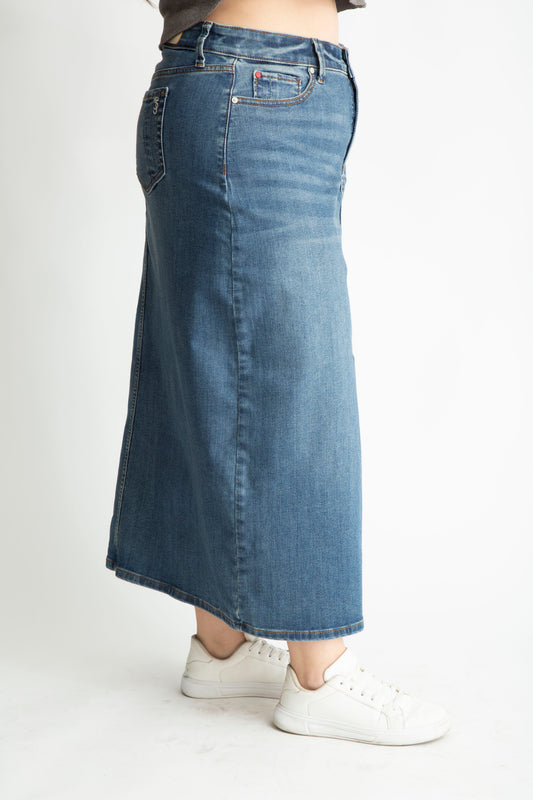 Denim Maxi Skirt in 37"length with front slit -  Gemma