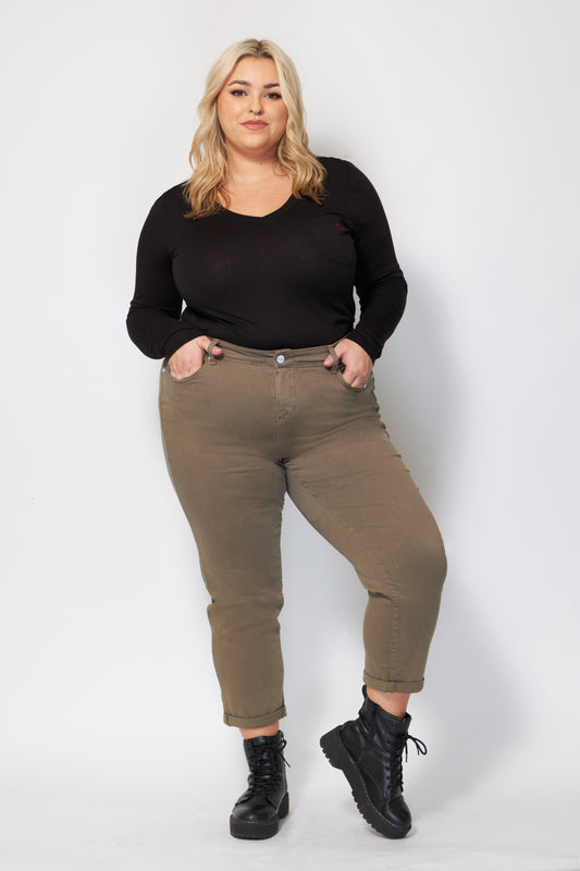 Color high rise boyfriend rolled hem in 28" inseam - Dark Olive