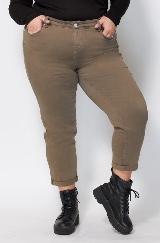 Color high rise boyfriend rolled hem in 28" inseam - Dark Olive