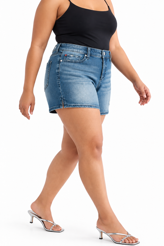 Denim Mid Rise Shorts with side vents - Linnea