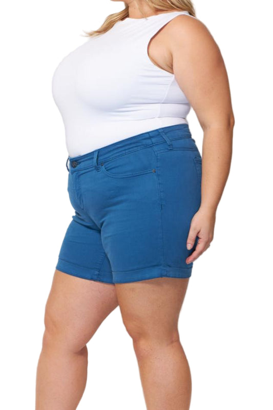 Color Mid Rise Shorts with rolled hem in 5.5" inseam - Azure - SLINK JEANS