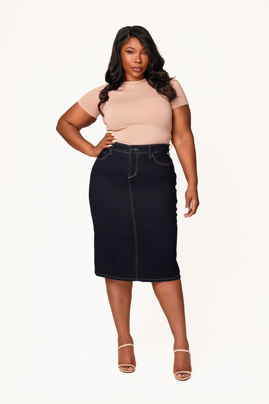 Denim Midi Skirt in 28"length with side vents -  Abigail