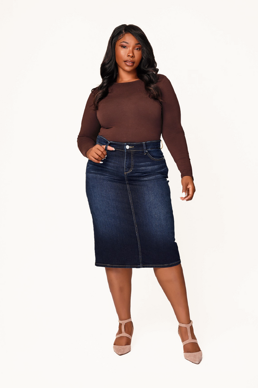 Denim Midi Skirt in 28"length with side vents -  Emma