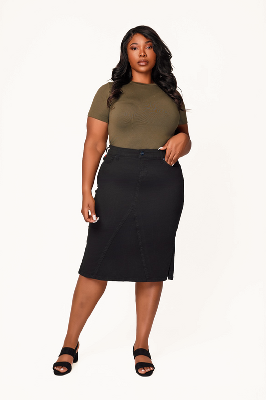 Color Midi Skirt in 28"length with side vents -  Black