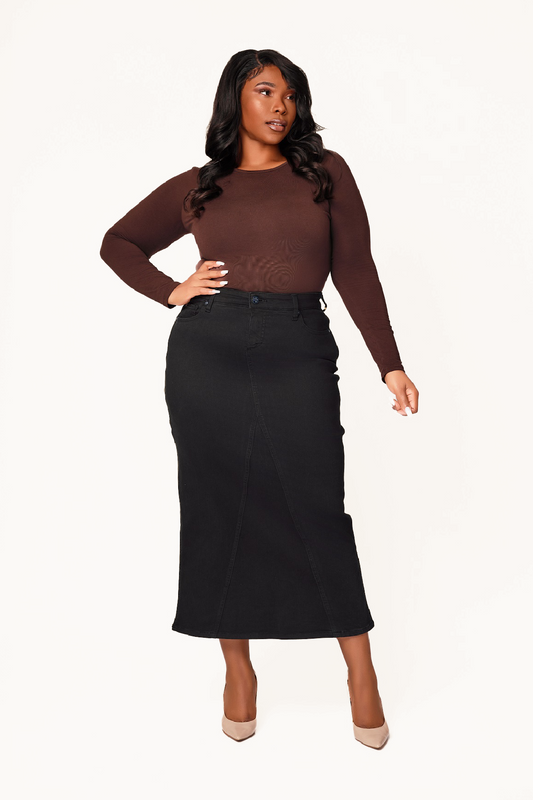 Color Maxi Skirt in 37"length with side vents -  Black