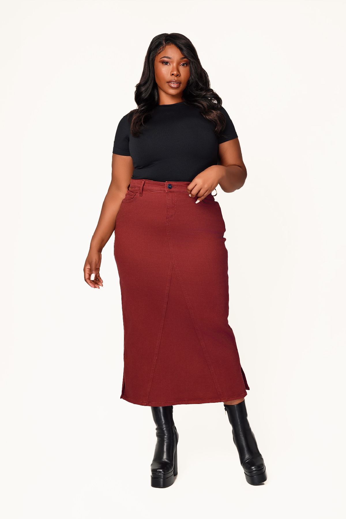 Color Maxi Skirt in 37"length with side vents -  Burgundy