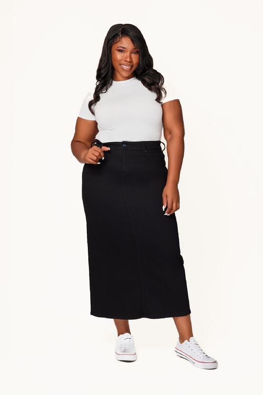 Black Denim Maxi Skirt in 37"length with side vents -  Black