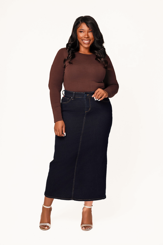 Denim Maxi Skirt in 37"length with side vents -  Ava