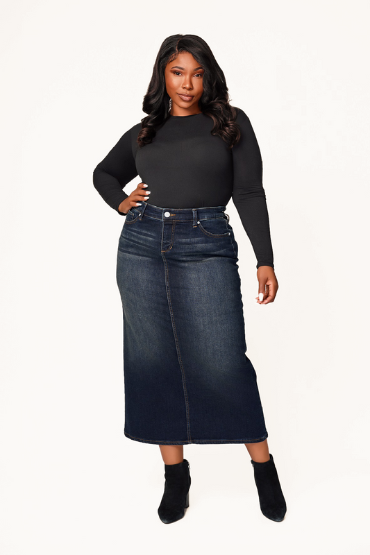 Denim Maxi Skirt in 37"length with side vents -  Ruby