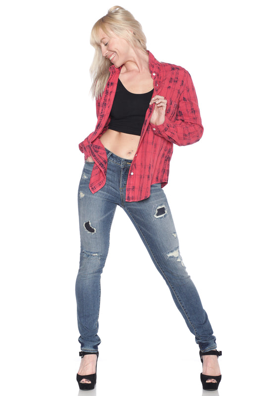 Plaid Western Shirt - WHITE BLUE - SLINK JEANS