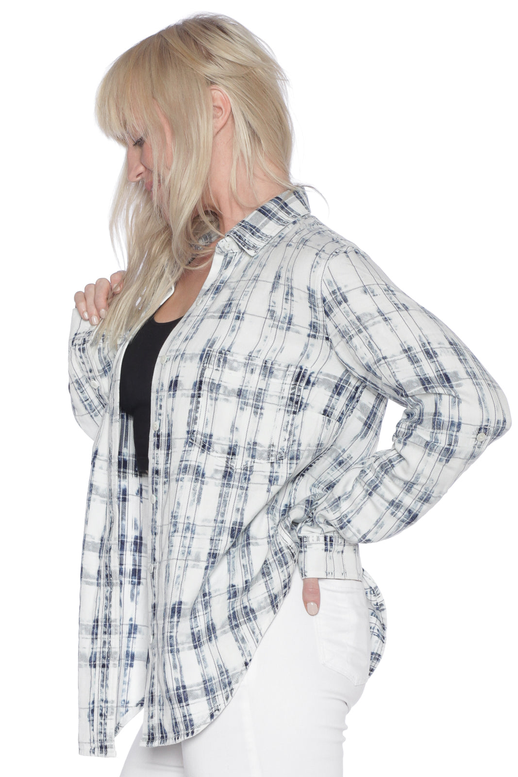 Plaid Western Shirt - WHITE/BLUE - SLINK JEANS