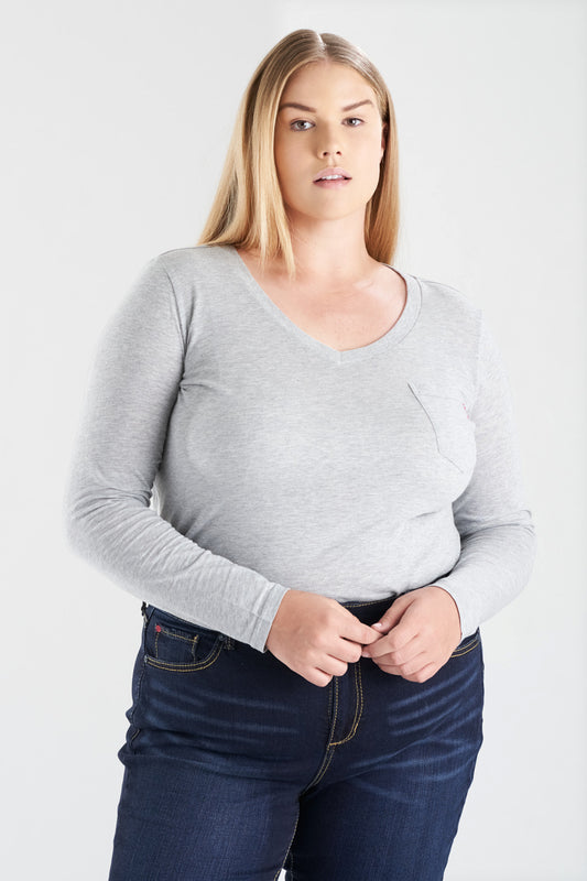 V Neck Long Sleeve T-shirt - Heather Grey - SLINK JEANS