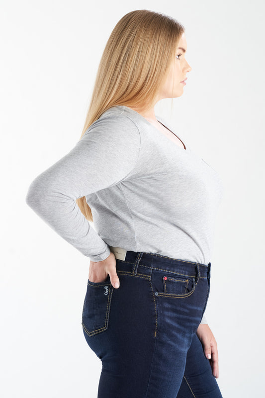 V Neck Long Sleeve T-shirt - Heather Grey - SLINK JEANS