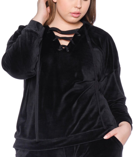Velour Lace-Up Hoodie - JET BLACK - SLINK JEANS