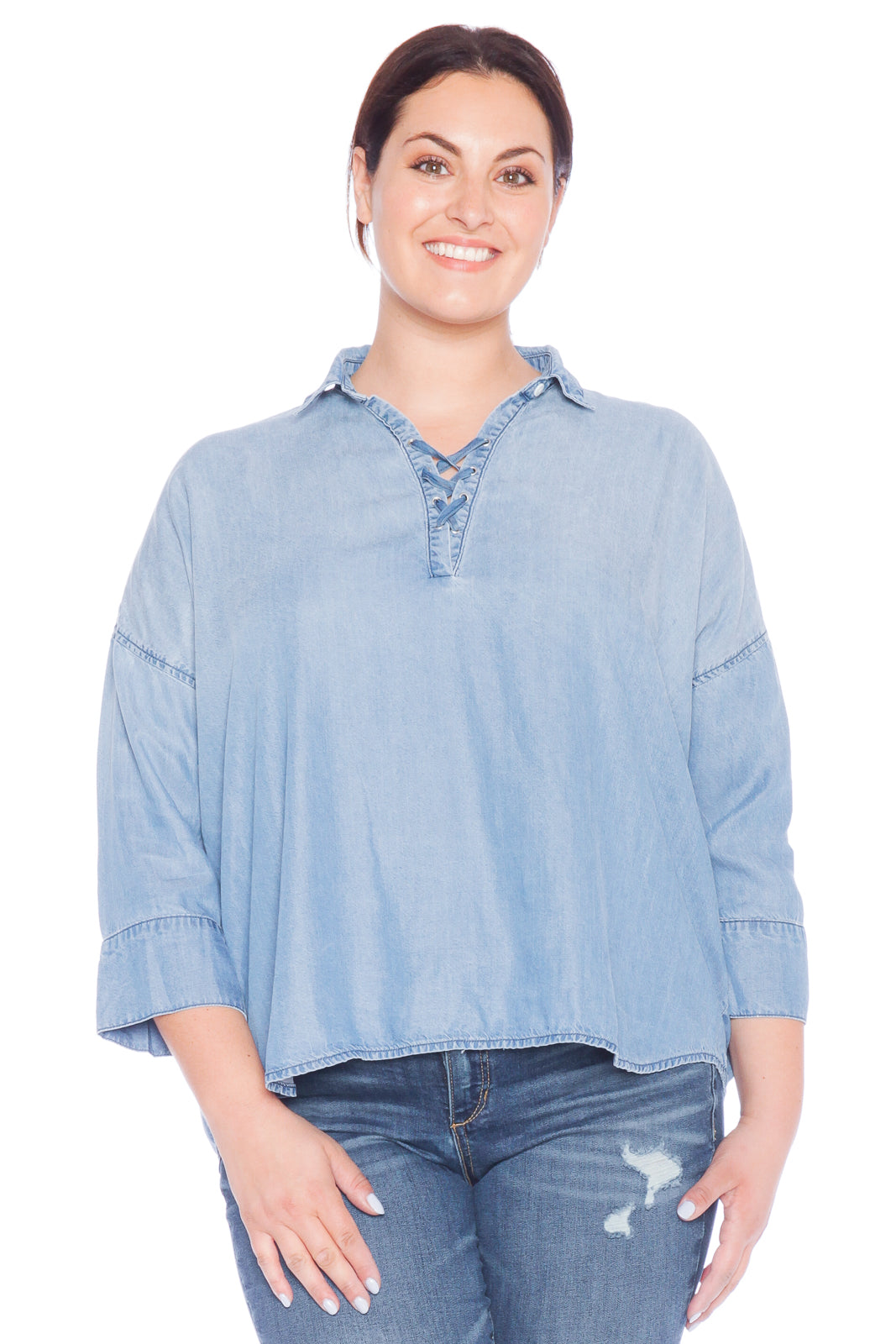 Lace Up Tencel Shirt - SKY - SLINK JEANS